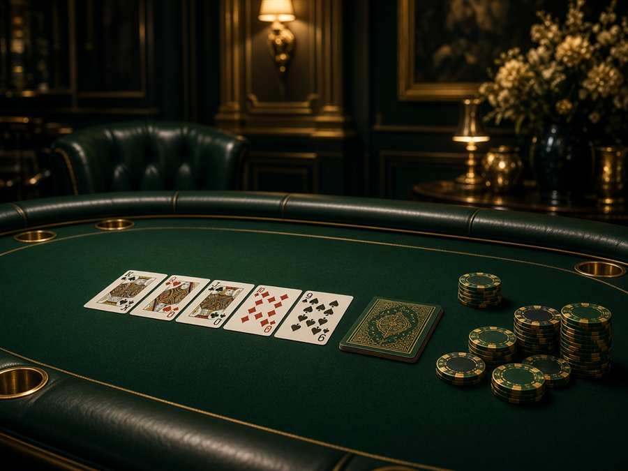 Green felt gaming table with cards and chips